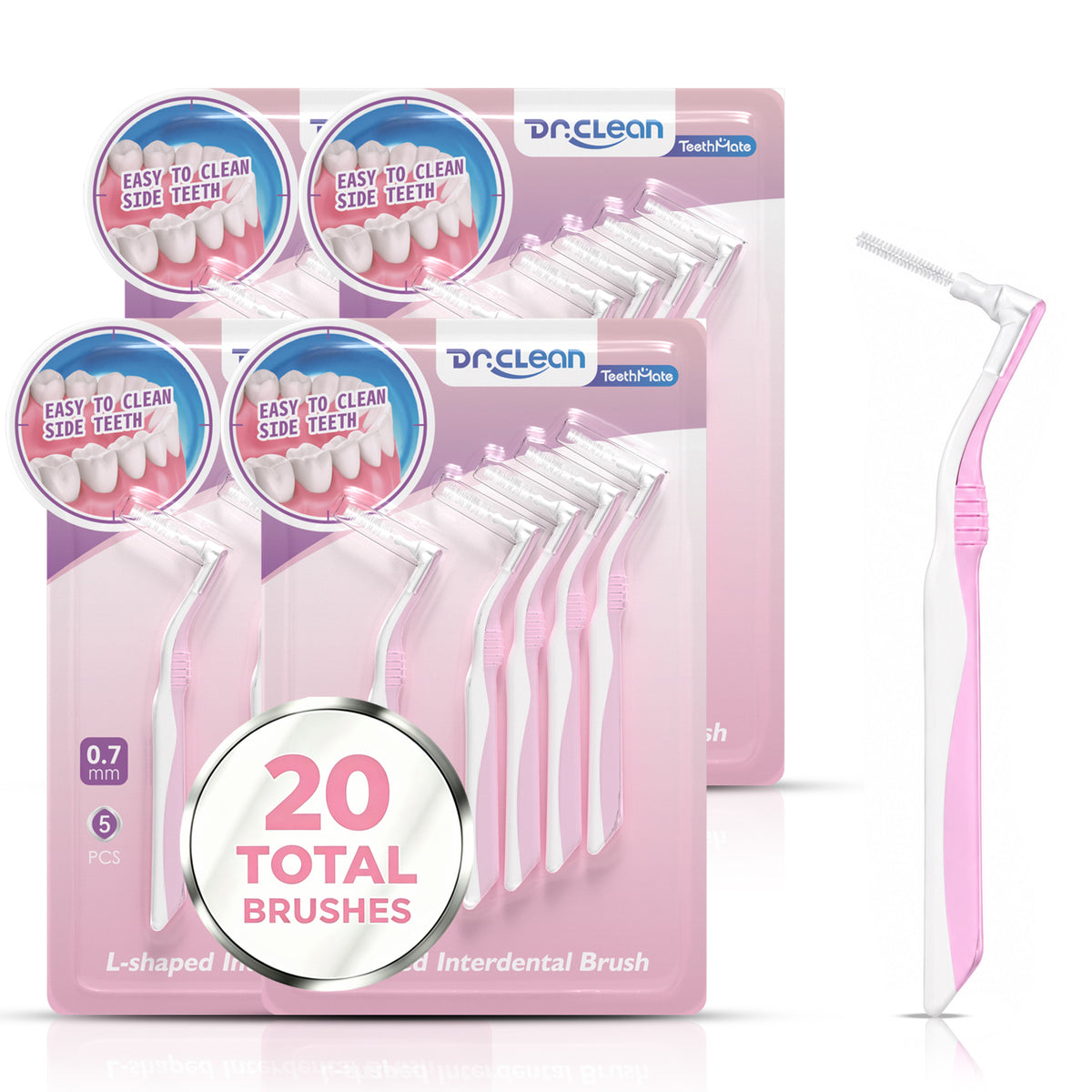 DR.CLEAN L-Shaped Angled Interdental Brushes - Pink (0.7mm) for Tight Gaps & Back Teeth