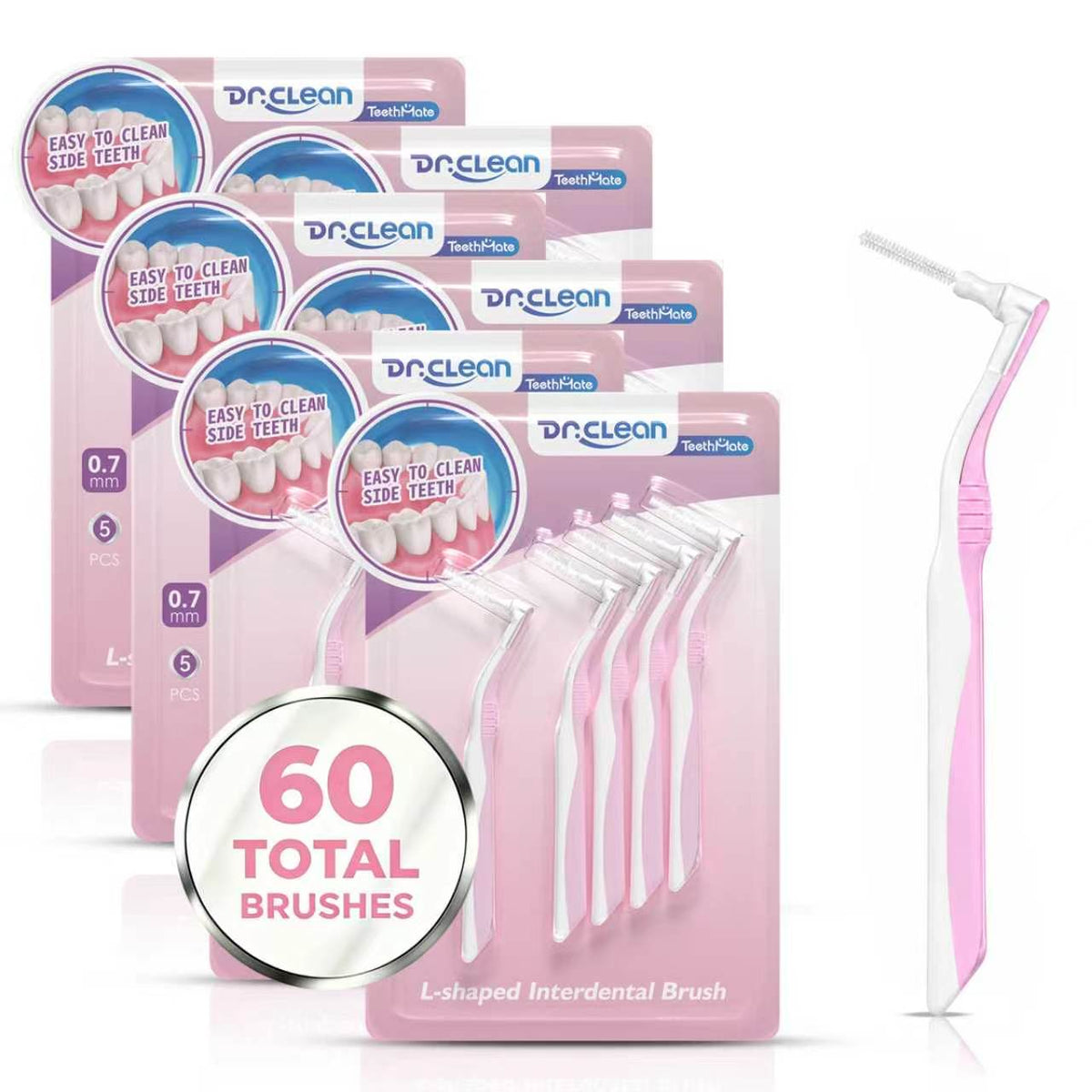 DR.CLEAN L-Shaped Angled Interdental Brushes - Pink (0.7mm) for Tight Gaps & Back Teeth