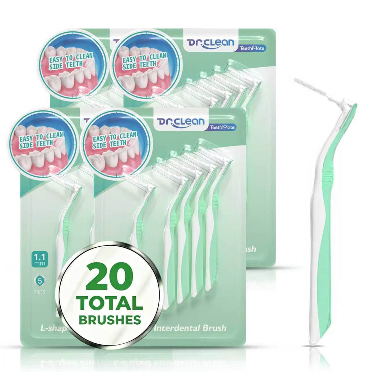 DR.CLEAN L-Shaped Angled Interdental Brushes - Green (1.1mm) for Medium-Large Gaps